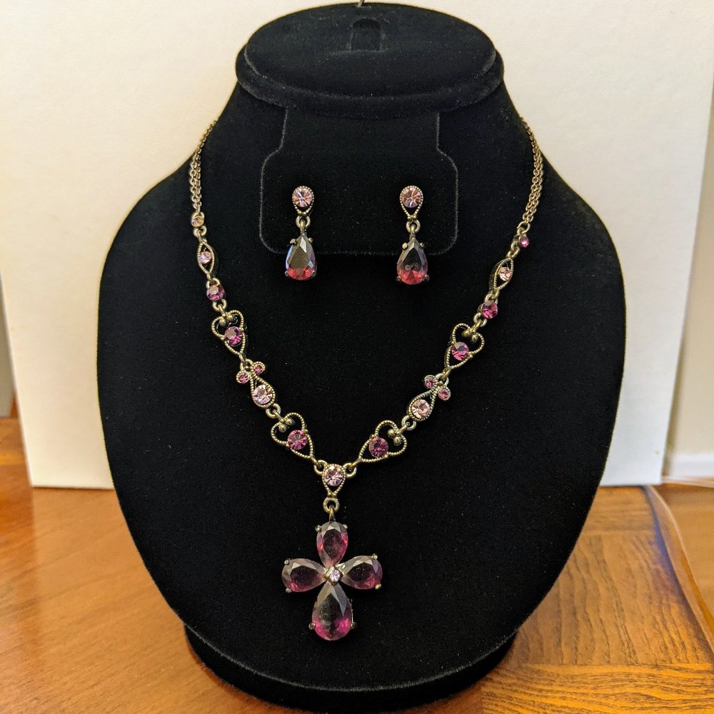 Ash Grey Matinee Necklace with Gorgeous Amethyst and Pink Rhinestones
